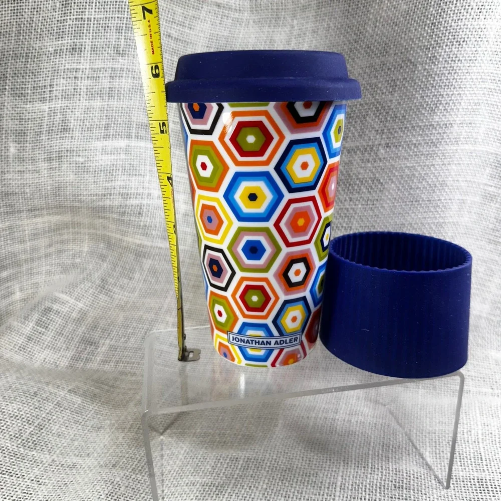 Jonathan Adler Travel Mug Geometric Hexagon Ceramic Silicone Lid Sleeve Blue Cup